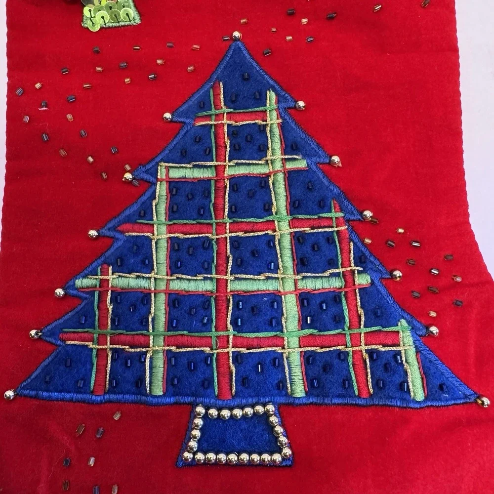 Vintage Christmas Stocking Red Embellished Trees Embroidery‎ Beaded